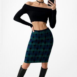 Vintage Y2K Blue Black Wool Blend Polka Dot Checkered Knee Length Pencil Skirt L